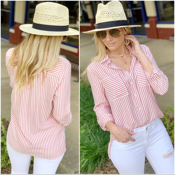 ✨LAST ONE✨Red striped roll tab sleeve button up - Picture 4 of 8